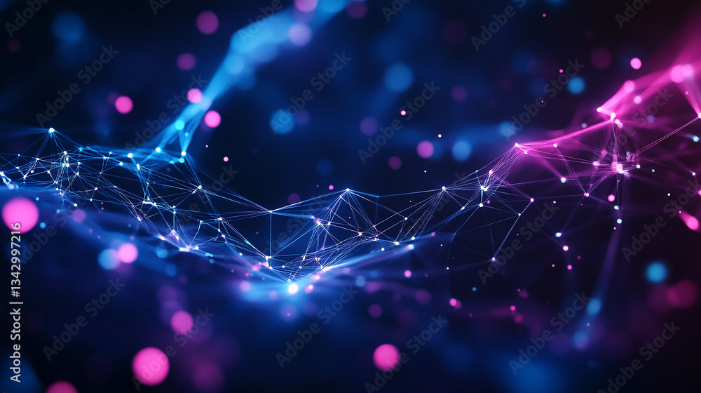Poster abstract blue and purple glowing wave with bokeh lights, blue gradient and glowing dots in the form 