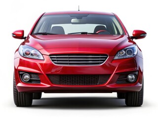 A red car with a black grill and chrome trim