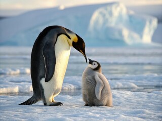 penguin with baby in natural habitat on ice. Caring.