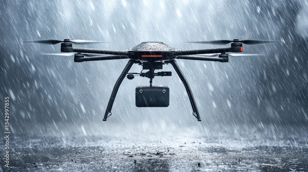 Poster a futuristic ai-controlled drone navigating through a stormy sky with a waterproof package.