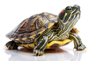 Fototapeta premium A small turtle is standing on a white background