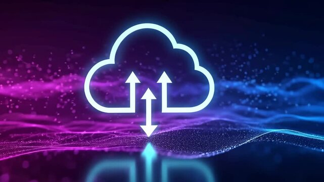 Glowing cloud icon with arrows against a backdrop of purple and blue digital particles field view