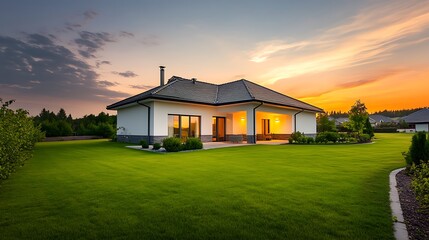 Fototapeta premium Modern Home Exterior at Sunset with Lawn and Colorful Sky