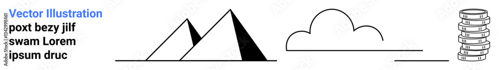 Poster black line art featuring two pyramids, a smooth cloud, and stacked cylinders with clean minimalist c