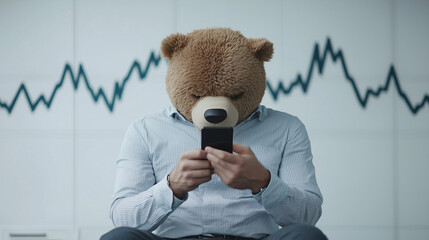 Bear Market Analyst: A person, obscured by a bear mask, intensely studies a mobile phone, juxtaposed against a backdrop of fluctuating stock charts.