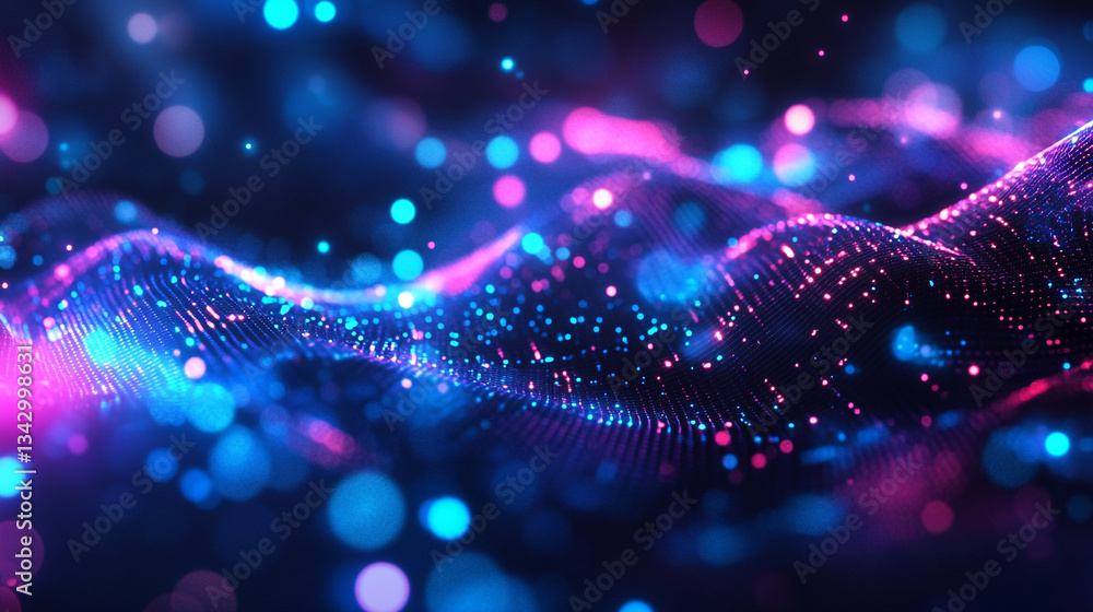 Poster abstract blue and purple glowing wave with bokeh lights, blue gradient and glowing dots in the form 