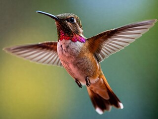 Fototapeta premium A stunning close-up of a colorful hummingbird in mid-flight, displaying vibrant iridescent feathers. The blurred green background enhances the bird’s elegance and delicate wing motion in nature.