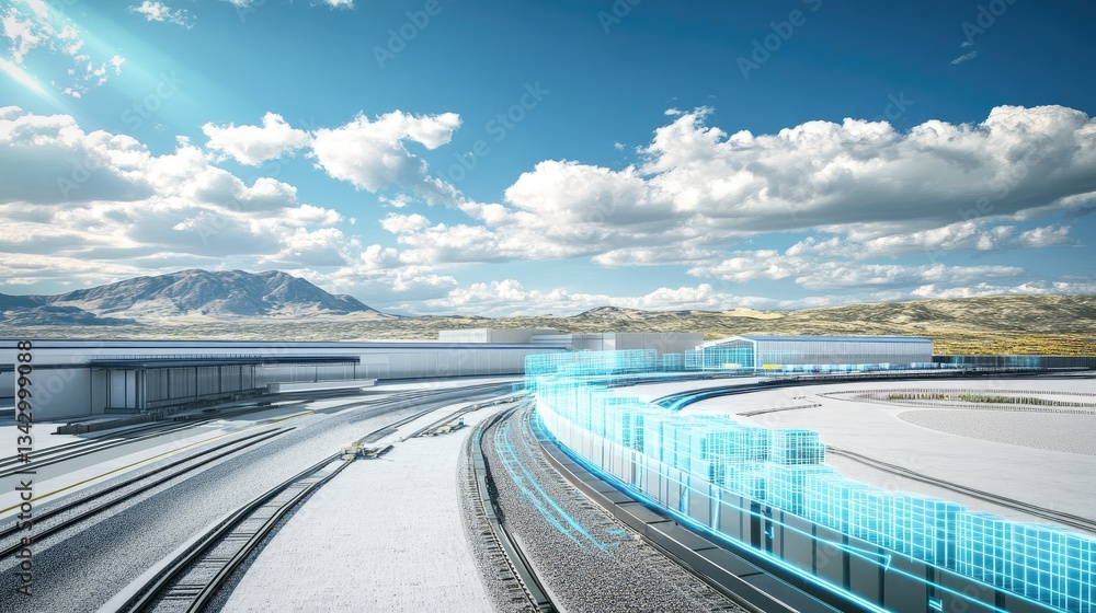Poster a futuristic cargo shipping terminal using ai-driven digital logistics systems to automate package s