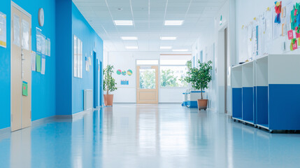 School Hallway: A bright and airy school hallway bathed in natural light, featuring glossy floors, vibrant blue walls, and decorative plants that create a welcoming and inspiring environment