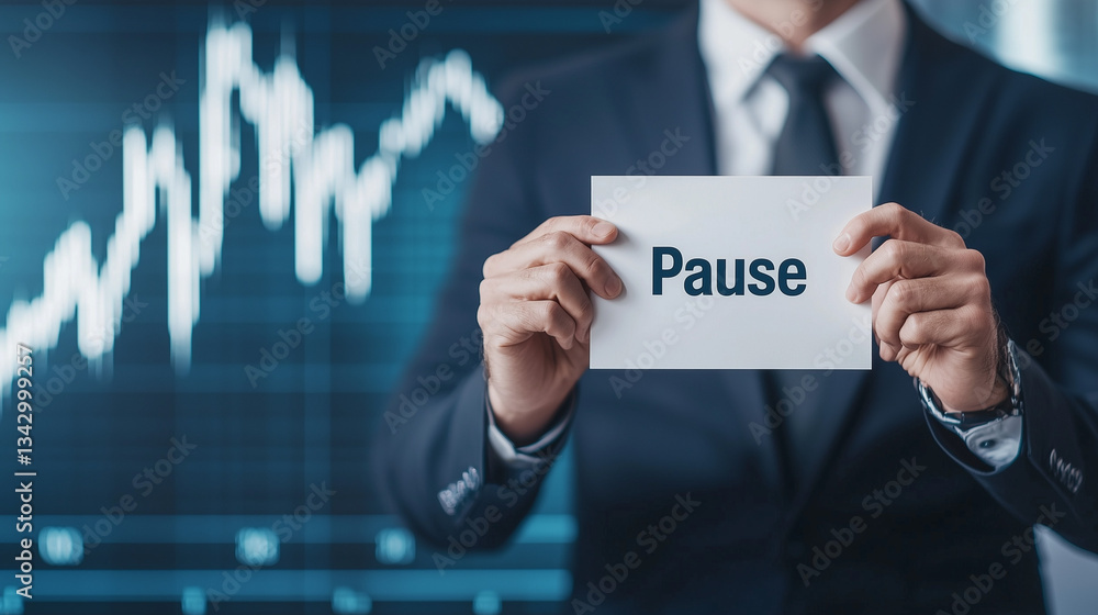 Poster strategic pause in the market: a sharp businessman holds up a sign to suggest a temporary pause in t