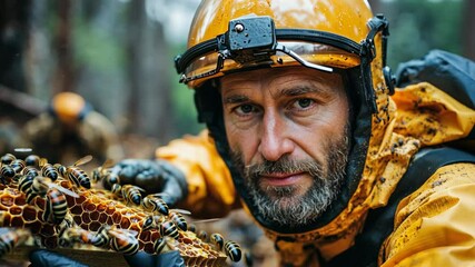 Beekeeper in Protective Gear Examining Honeycomb - Powered by Adobe