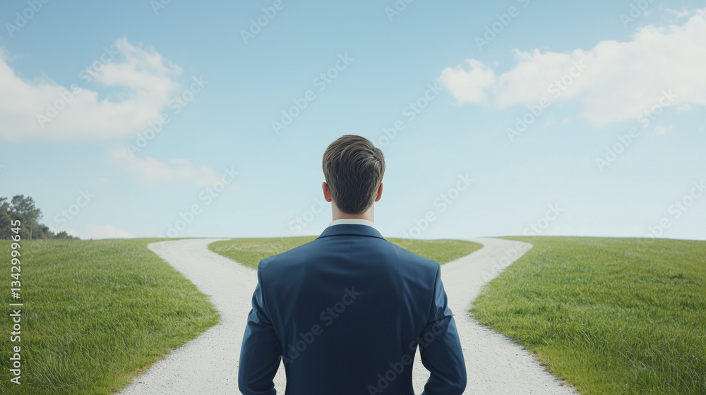 Poster facing choices: a businessman contemplates paths, standing at a crossroads between two diverging rou