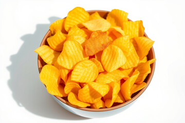 Crisp, golden potato chips in a bowl, perfectly crunchy and lightly salted for a classic snack