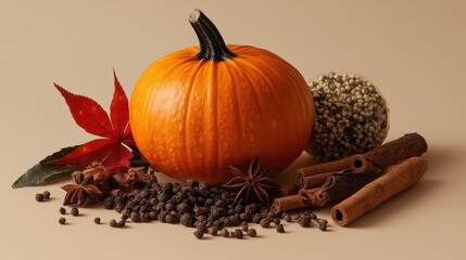 A plump, orange autumnal pumpkin, its stem adorned with a few crimson leaves, sat nestled amongst a collection of vibrant autumnal spices, hinting at a cozy, autumnal feast.