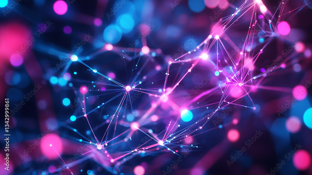 Poster abstract blue and purple glowing wave with bokeh lights, blue gradient and glowing dots in the form 