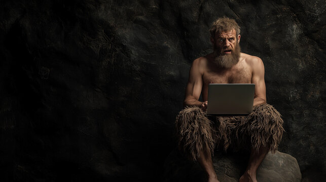 Modern Caveman and Laptop: A comical depiction of a modern man dressed as a caveman engrossed with a laptop in a cave setting, illustrating an amusing juxtaposition of ancient and modern technology.