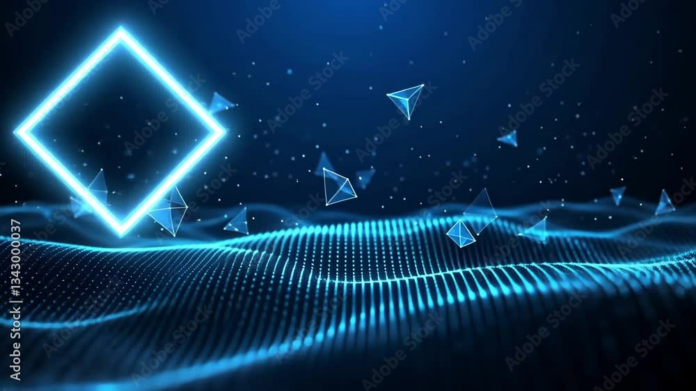 Aufkleber glowing square frame over digital wave with floating geometric shapes on dark blue background design
