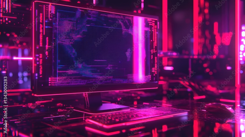 Poster a futuristic digital computing logo featuring a d computer monitor and cyber elements.