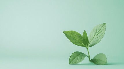 Fototapeta premium A green plant with fresh leaves against a soft mint background, symbolizing nature and growth.