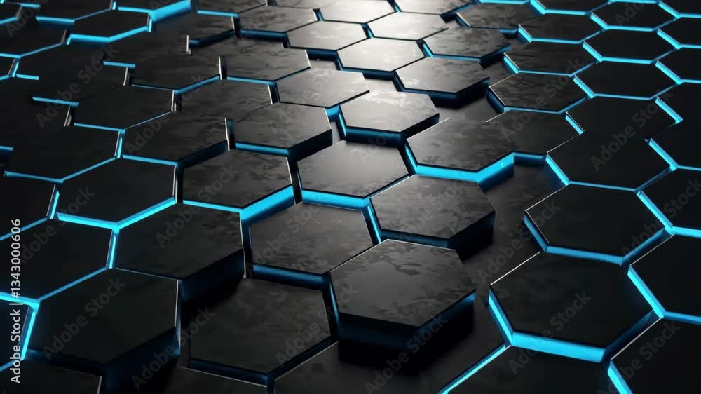 Poster dark hexagonal pattern with blue glowing edges creating a futuristic technology background design lo