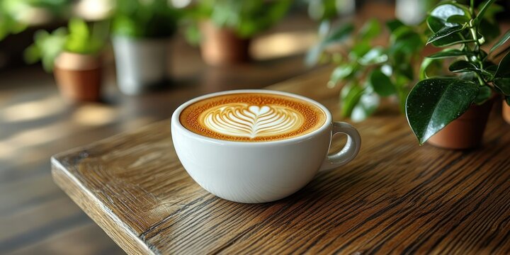 Latte art coffee on cafe table, plants blurred background