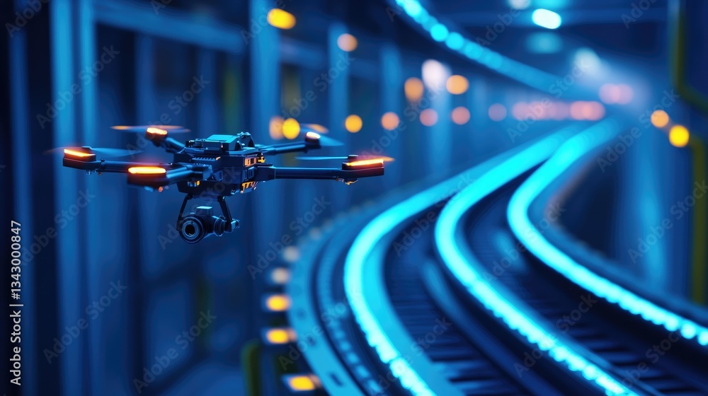 Poster a futuristic drone landing on a robotic conveyor belt, integrating into an automated system.