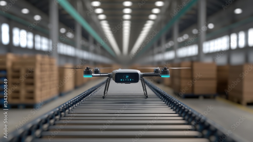 Poster a futuristic drone landing on a robotic conveyor belt, integrating into an automated system.