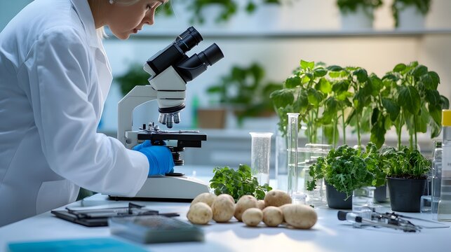 A female scientist in a lab coat carefully examines potatoes under a microscope du a botany experiment in a modern research facility.