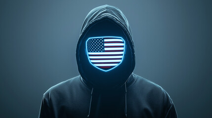 Anonymous Patriot: An enigmatic figure cloaked in a hooded sweatshirt, their face obscured by a glowing shield emblazoned with the American flag.