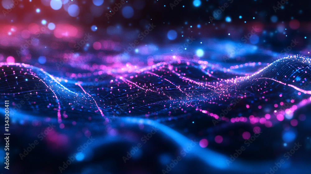 Poster abstract blue and purple glowing wave with bokeh lights, blue gradient and glowing dots in the form 