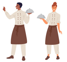 Male and female chef hold tray food in hand. Restaurant kitchen. Waiter carrying plate with cloche. Gourmet meal cooking and serving. Professional cook. Catering service. Vector concept