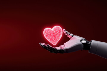 Robotic hand holding glowing digital heart, artificial intelligence and love