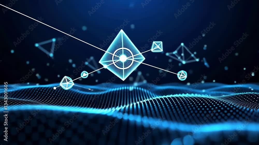 Poster Glowing pyramid above a dotted wave with connected triangles on a blue gradient background