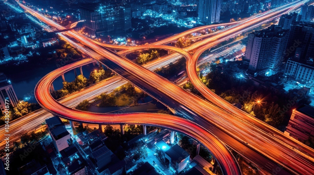 Poster a futuristic highway interchange with glowing iot-enabled sensors optimizing real-time traffic flow.
