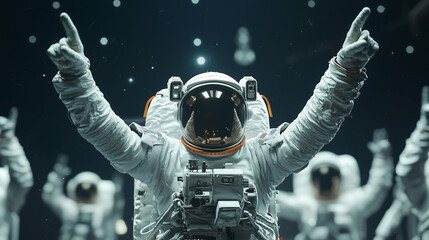 Astronauts in the Cosmos: A group of astronauts, clad in their space suits, jubilantly raise their hands towards a starlit cosmos, celebrating a successful mission.