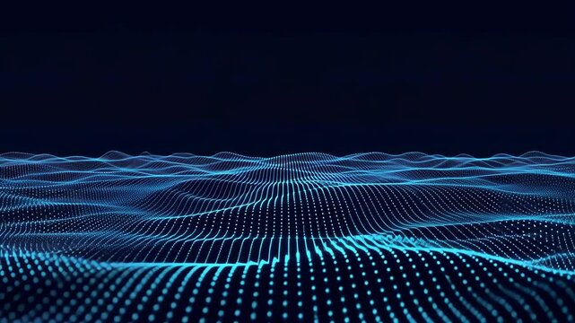 Abstract blue wavy lines and dots forming a landscape on a dark background in a digital art style