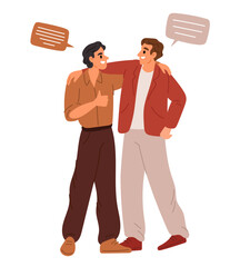 Friendship and love. Two male friends hugging and talking each other. People communication. Homosexuals relationship. LGBT couple. Boyfriends cuddle. Happy gays date. Vector concept