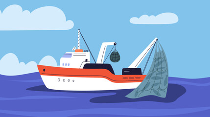 Naklejka premium Fishing ship catches fish in ocean with nets. Fisherman marine trawler. Fisher motorboat. Industrial fishery. Cargo tugboat with trawl tackle. Sea schooner transportation. Vector seascape