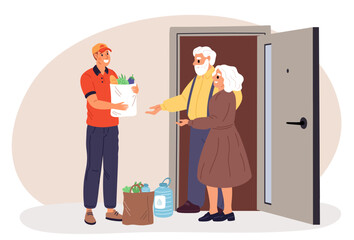 Delivery courier delivered groceries to elderly couple. Ordering products at home. Senior family at door porch. Deliveryman carrying bags with food from supermarket. Vector concept