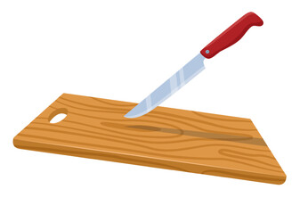 Cutting board with kitchen knife. Wooden kitchen chopping planes. Food preparation. Domestic blade. Cooking tools. Utensils for sliced products. Culinary dishes. Vector household cookery