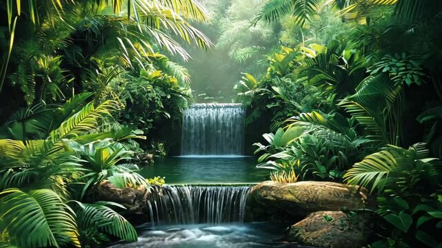 Immerse yourself in the peaceful sounds of a tropical waterfall flowing through lush rainforest vegetation