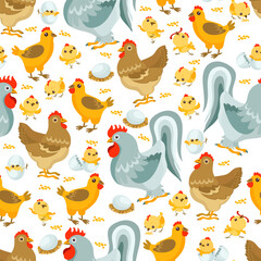 Chickens seamless pattern. Rooster and hen. Farm birds. Egg hatch. Domestic poultry. Cute chicks in nest. Repeated agriculture print. Farmyard animals. Cartoon cockerels. Vector background