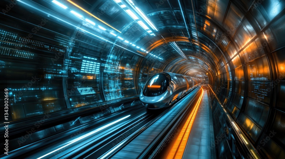 Aufkleber a futuristic hyperloop network with high-speed pods racing through a digital tunnel, symbolizing nex