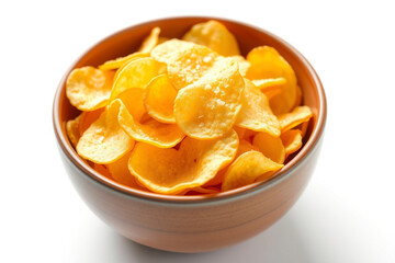Crisp, golden potato chips in a bowl, perfectly crunchy and lightly salted for a classic snack