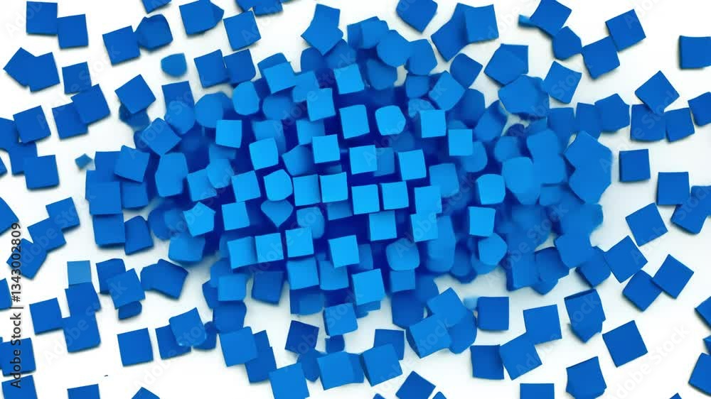 Poster scattered blue cubes and squares on a white background in a central cluster formation with gradient 
