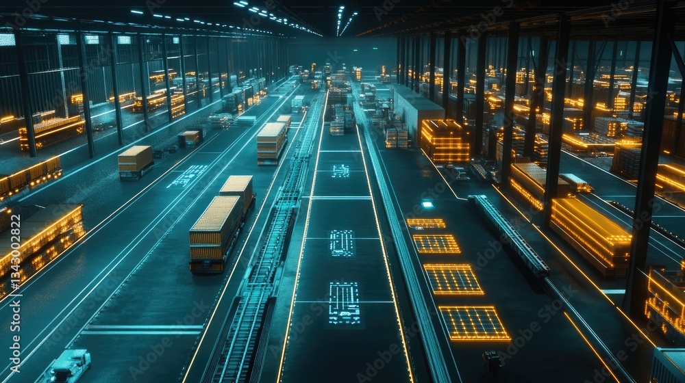 Poster a futuristic logistics center utilizing ai-driven gps tracking to streamline supply chain efficiency