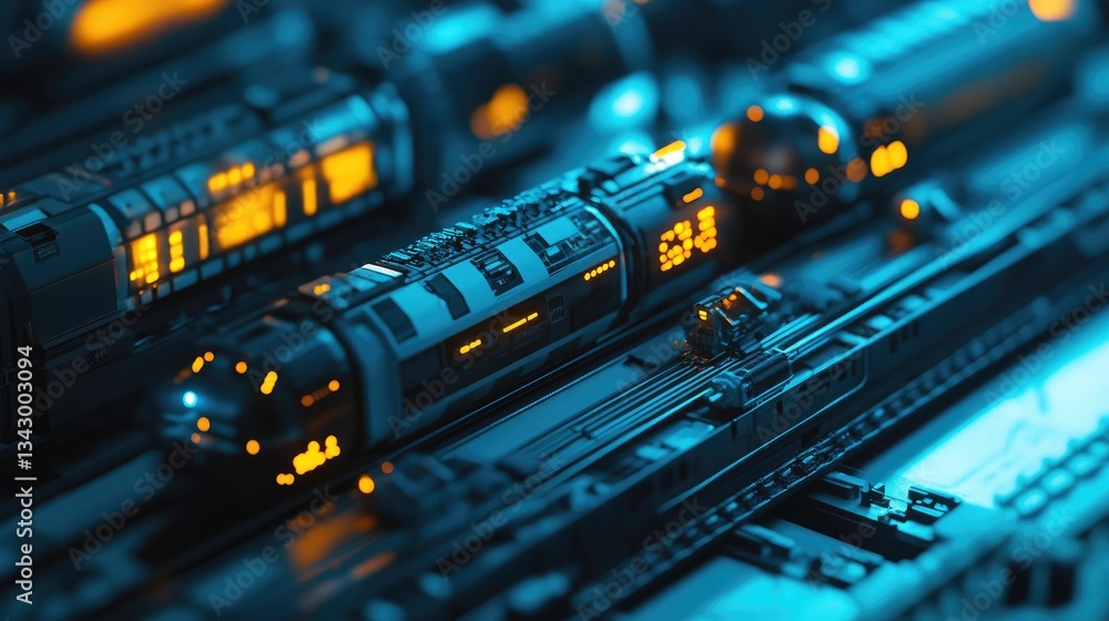 Poster a futuristic railway system integrating high-speed trains with ai-powered automated traffic control.