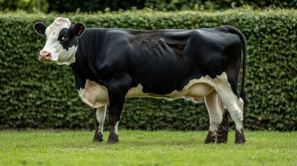 Black and white cow in grassy field behind hedge.  Possible use Stock photo for agricultural magazine