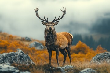 Majestic stag stands amidst autumnal mountain fog