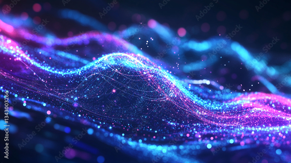 Poster abstract blue and purple glowing wave with bokeh lights, blue gradient and glowing dots in the form 